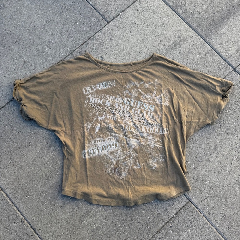 Guess House of Rock and Glam Graphic T-Shirt Olive Green Studded Dolman Top